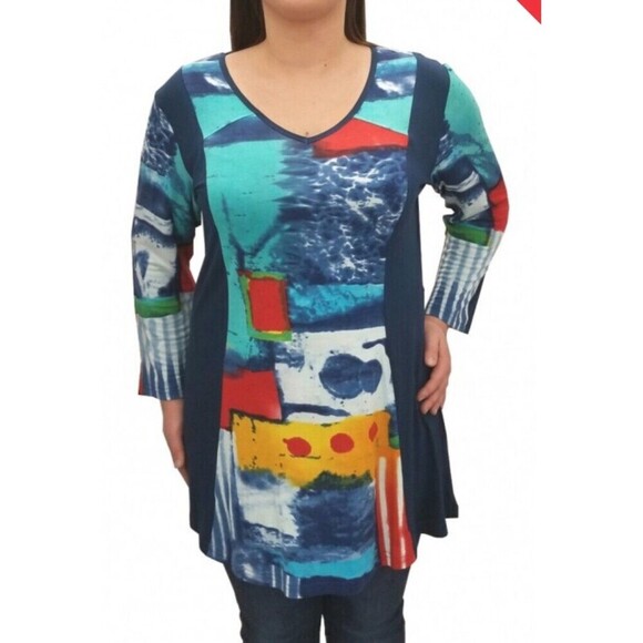 Parsley & Sage Abstract Sea Tunic Top Womens Large Blue Keyhole Back Long Sleeve - Picture 2 of 8